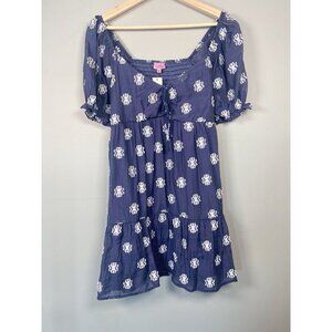 Francesca’s Mi Ami Short Sleeve Tiered Babydoll Dress Navy Blue Size M Smocked